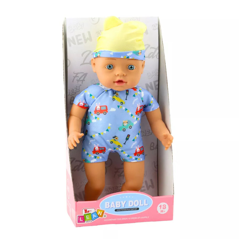 Kūdikio lėlė mėlynais drabužiais 31 cm