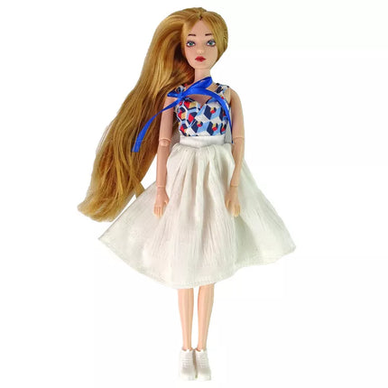 Lėlė su ilgais rudais plaukais ir kate