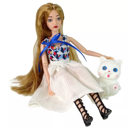 Lėlė su ilgais rudais plaukais ir kate