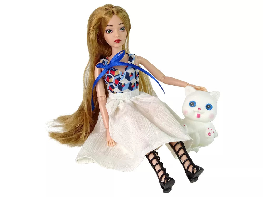 Lėlė su ilgais rudais plaukais ir kate