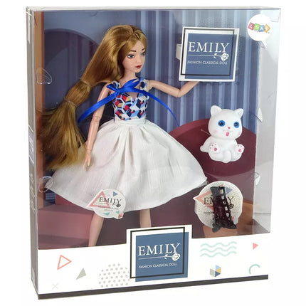 Lėlė su ilgais rudais plaukais ir kate