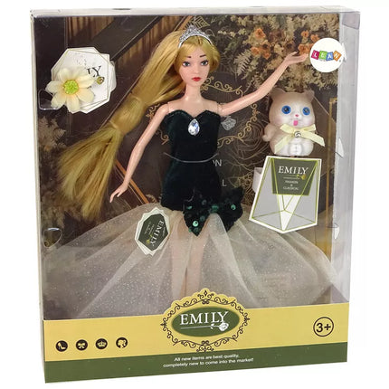 Ilgaplaukė lėlė Emilija su katinu ir gėlėmis