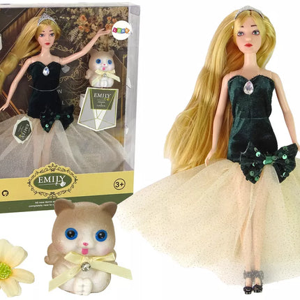 Ilgaplaukė lėlė Emilija su katinu ir gėlėmis