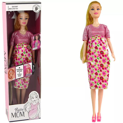 Nėščia lėlė rožine suknele su kūdikiu