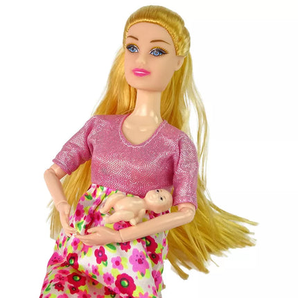 Nėščia lėlė rožine suknele su kūdikiu