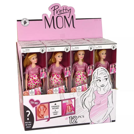 Nėščia lėlė rožine suknele su kūdikiu