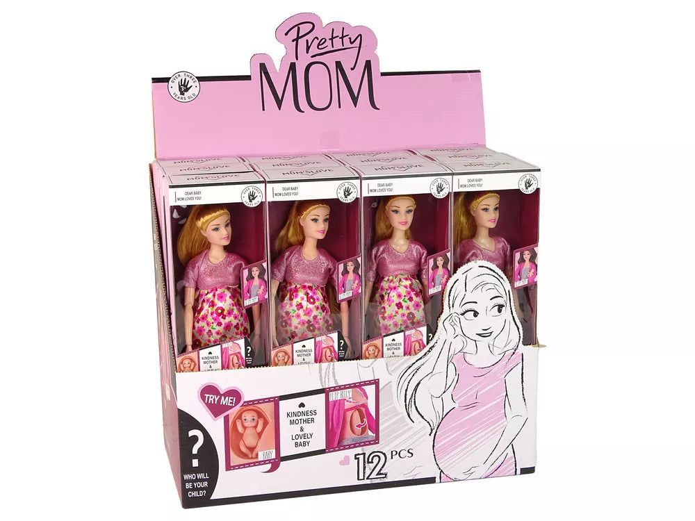 Nėščia lėlė rožine suknele su kūdikiu