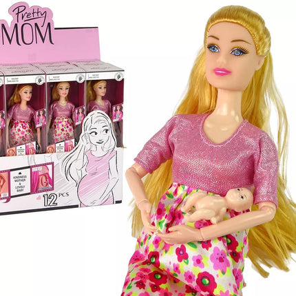 Nėščia lėlė rožine suknele su kūdikiu