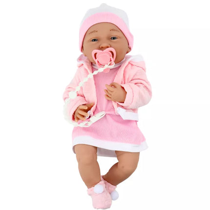 Kūdikio lėlė su žinduku ir rožine suknele 35 cm