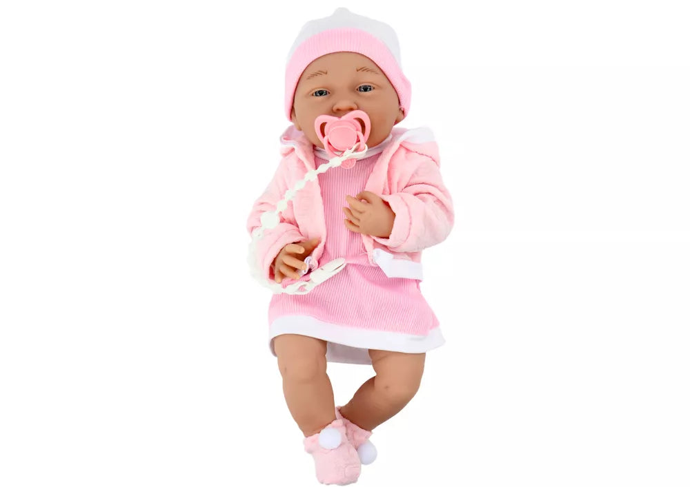 Kūdikio lėlė su žinduku ir rožine suknele 35 cm