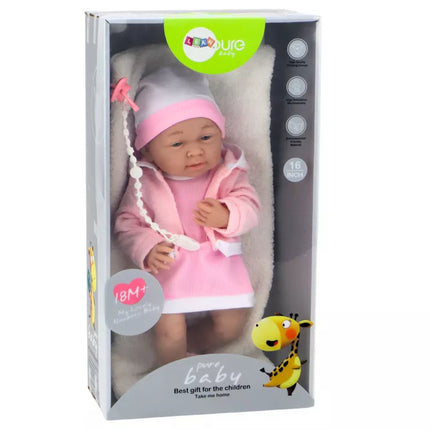 Kūdikio lėlė su žinduku ir rožine suknele 35 cm