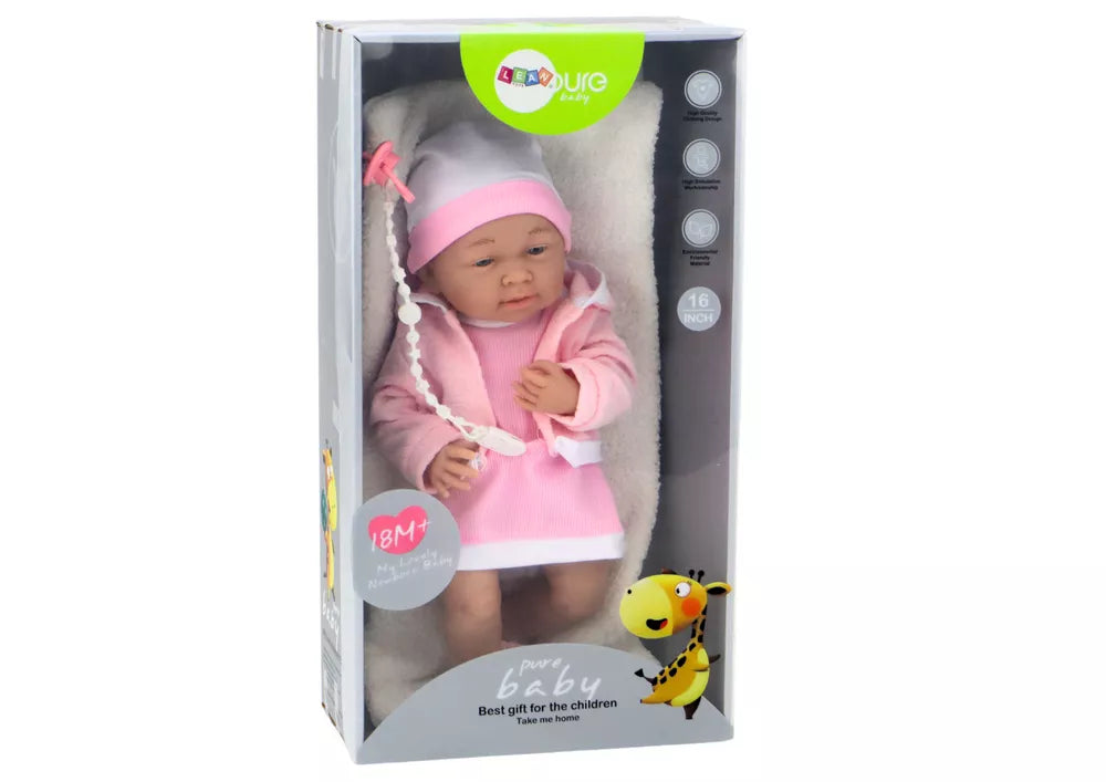 Kūdikio lėlė su žinduku ir rožine suknele 35 cm