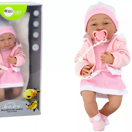 Kūdikio lėlė su žinduku ir rožine suknele 35 cm