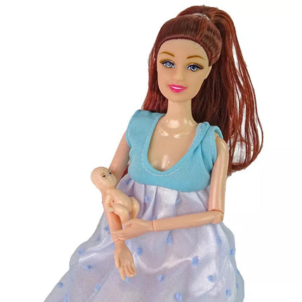 Nėščia lėlė su kūdikiu, mėlyna suknelė