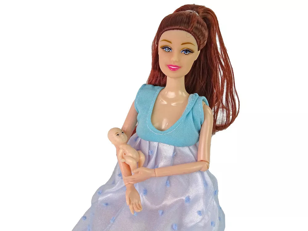 Nėščia lėlė su kūdikiu, mėlyna suknelė