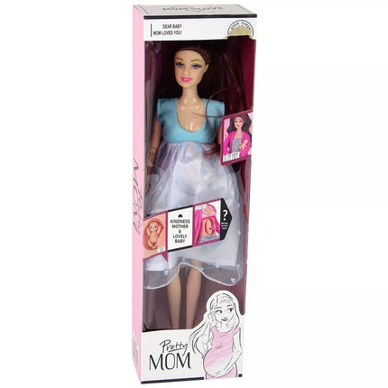 Nėščia lėlė su kūdikiu, mėlyna suknelė