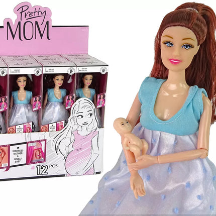 Nėščia lėlė su kūdikiu, mėlyna suknelė