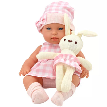 Lėlė kūdikis su zuikučiu ir rožiniu languotu drabužiu