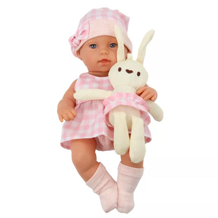 Lėlė kūdikis su zuikučiu ir rožiniu languotu drabužiu