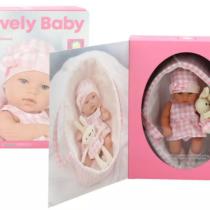 Lėlė kūdikis su zuikučiu ir rožiniu languotu drabužiu