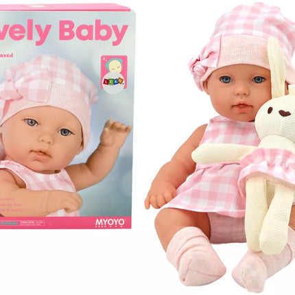 Lėlė kūdikis su zuikučiu ir rožiniu languotu drabužiu