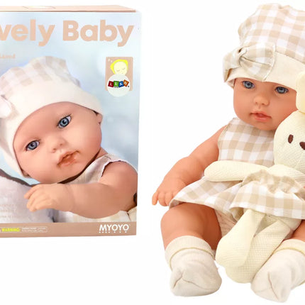 Lėlė kūdikis nešynėje su rusvais rūbais