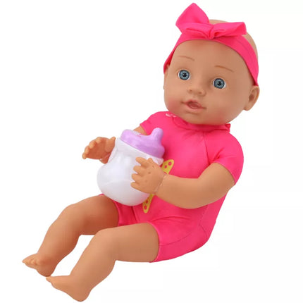 Lėlė kūdikis su rožiniai drabužiai ir galvos juosta