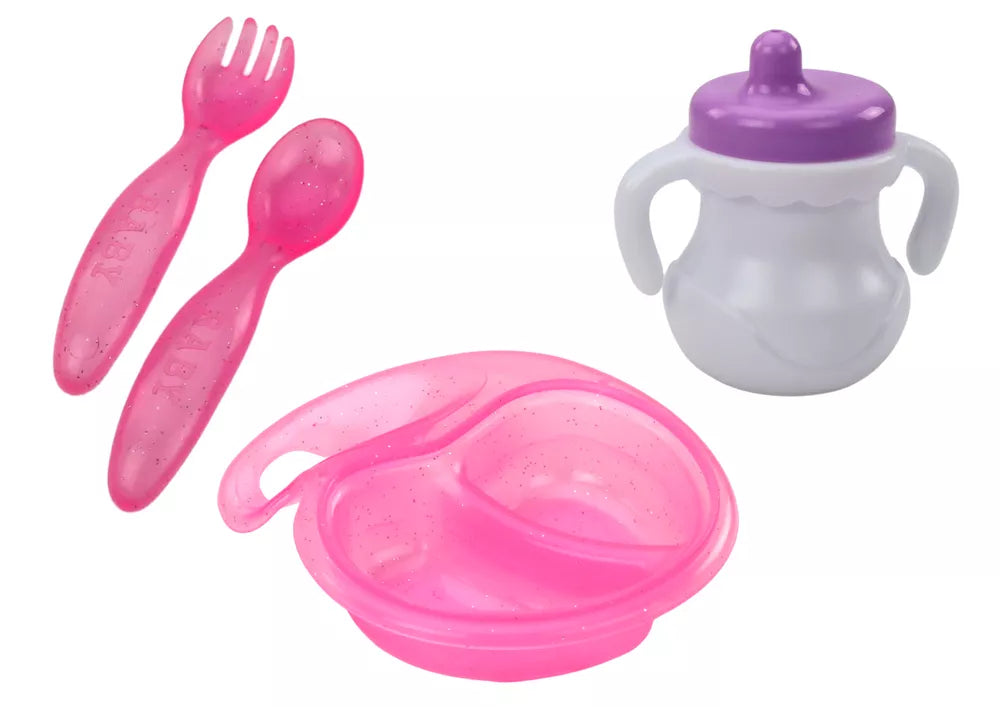 Lėlė kūdikis su rožiniai drabužiai ir galvos juosta