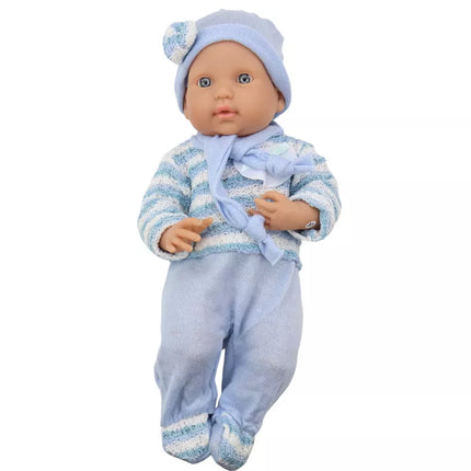 Lėlė kūdikis su mėlynais rūbais ir šaliku