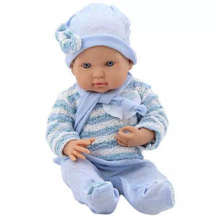 Lėlė kūdikis su mėlynais rūbais ir šaliku