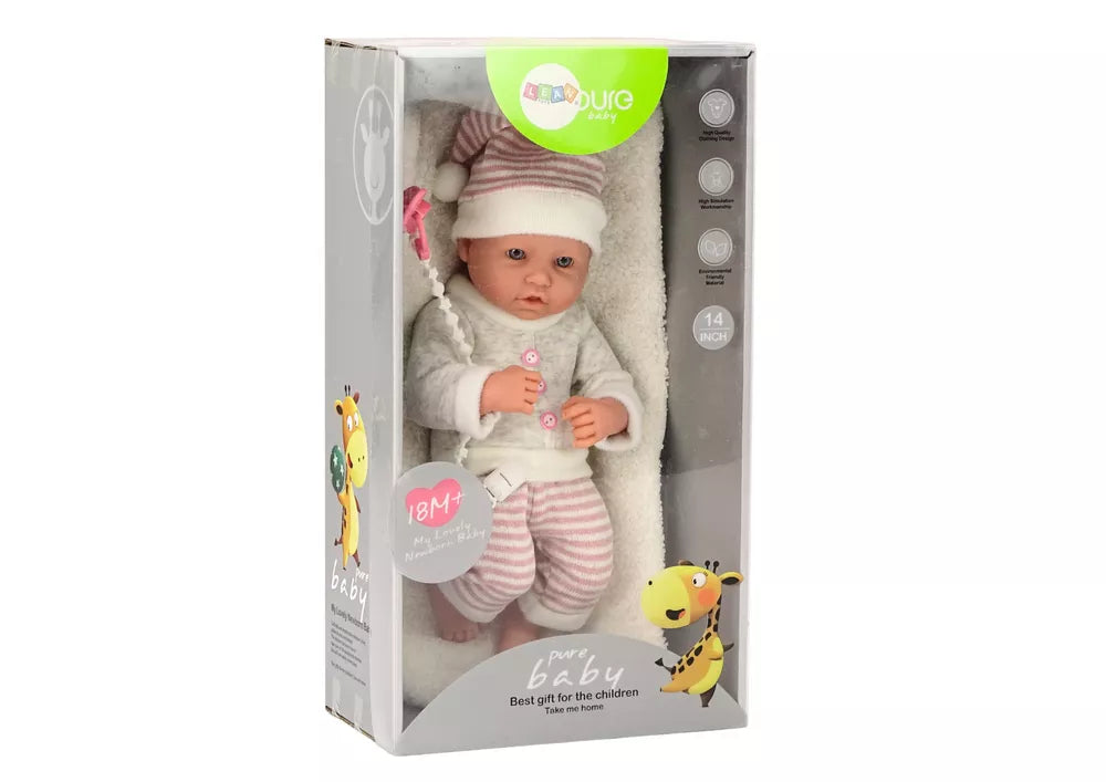 Lėlė kūdikis su rožiniu čiulptuku ir rūbais