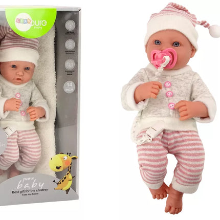 Lėlė kūdikis su rožiniu čiulptuku ir rūbais