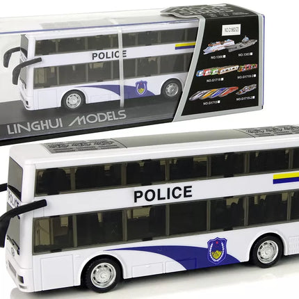 Baltas dviaukštis policijos autobusas