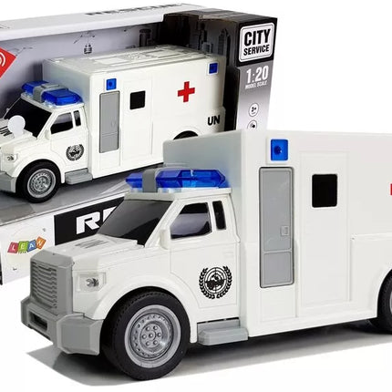 Baltas greitosios pagalbos automobilis su garso ir šviesos efektais