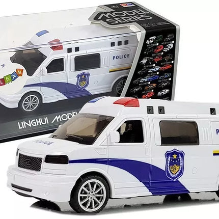 Baltas policijos automobilis su šviesos ir garso efektais