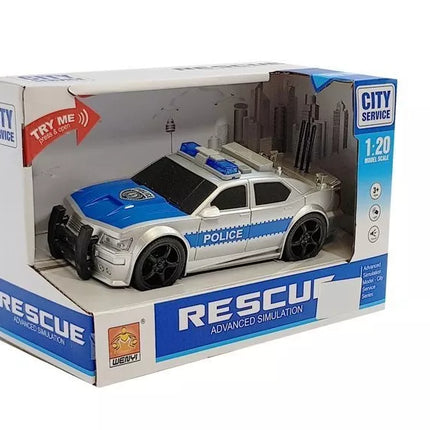 Akumuliatorinis baltas policijos automobilis