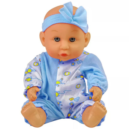 Mėlyna kūdikių lėlė su puoduku 24 cm.