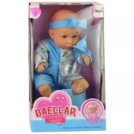 Mėlyna kūdikių lėlė su puoduku 24 cm.