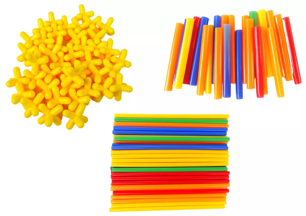 Statybinių lazdelių, šiaudelių ir kaladėlių rinkinys