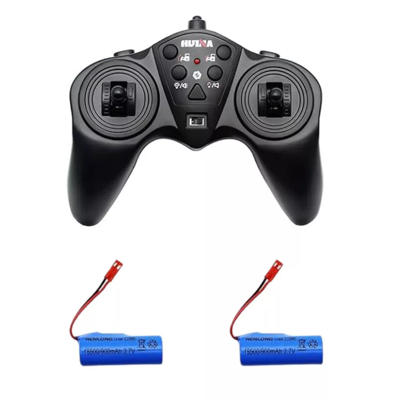 Geltonas statybinis buldozeris vu nuotolinio valdymo pulktu