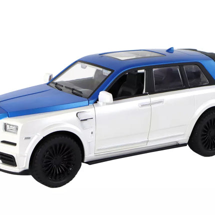 Baltos/mėlynos spalvos nuotoliniu būdu valdomas automobilis