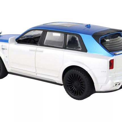 Baltos/mėlynos spalvos nuotoliniu būdu valdomas automobilis