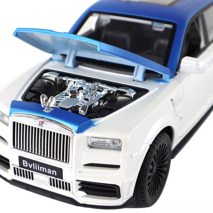 Baltos/mėlynos spalvos nuotoliniu būdu valdomas automobilis