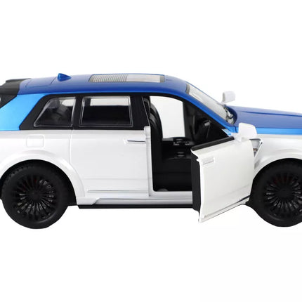 Baltos/mėlynos spalvos nuotoliniu būdu valdomas automobilis