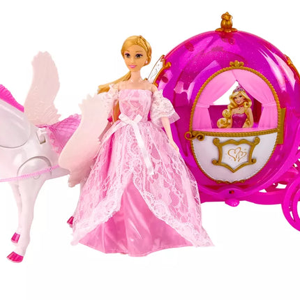 Lėlė princesė su arkliu ir rožine karieta