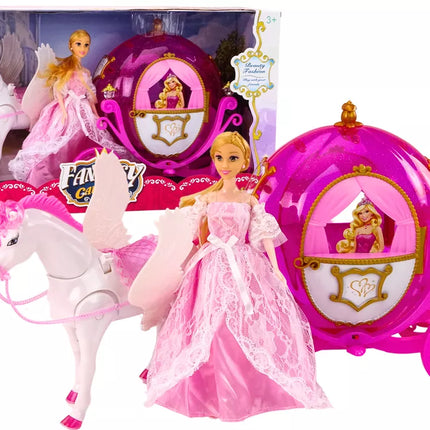 Lėlė princesė su arkliu ir rožine karieta