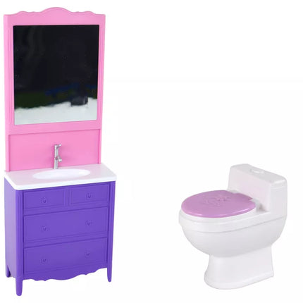 Lėlė su rožiniu chalatu ir vonios kambario aksesuarais