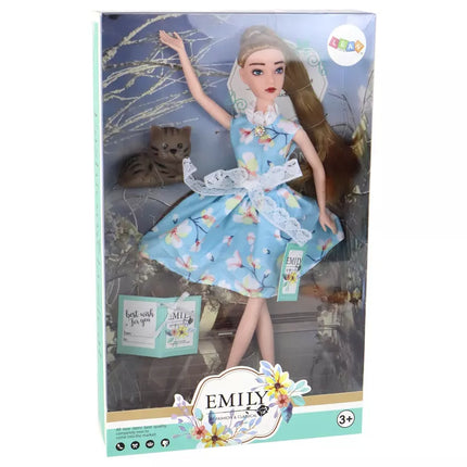 Vaikiška ilgaplaukė lėlytė Emilija su rudu katinu
