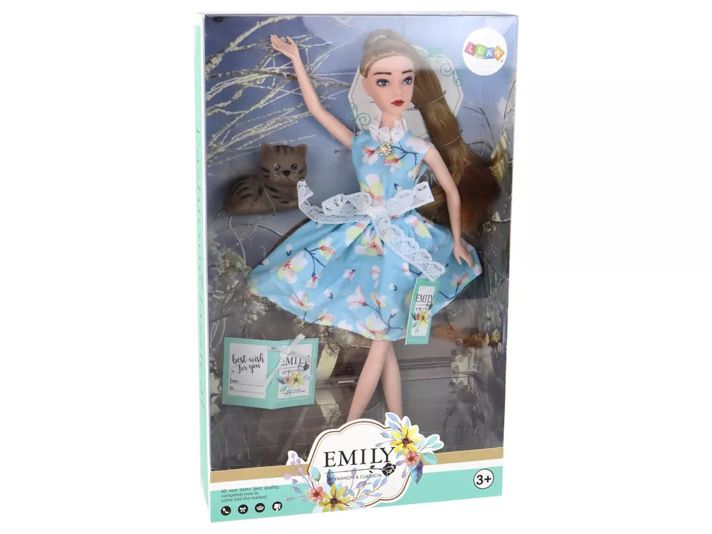 Vaikiška ilgaplaukė lėlytė Emilija su rudu katinu