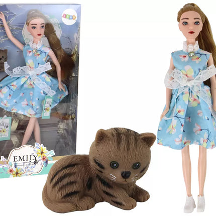 Vaikiška ilgaplaukė lėlytė Emilija su rudu katinu